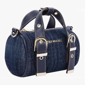 NWT Original TRUE RELIGION Small Barrel Duffel Crossbody Shoulder Bag Denim Blue